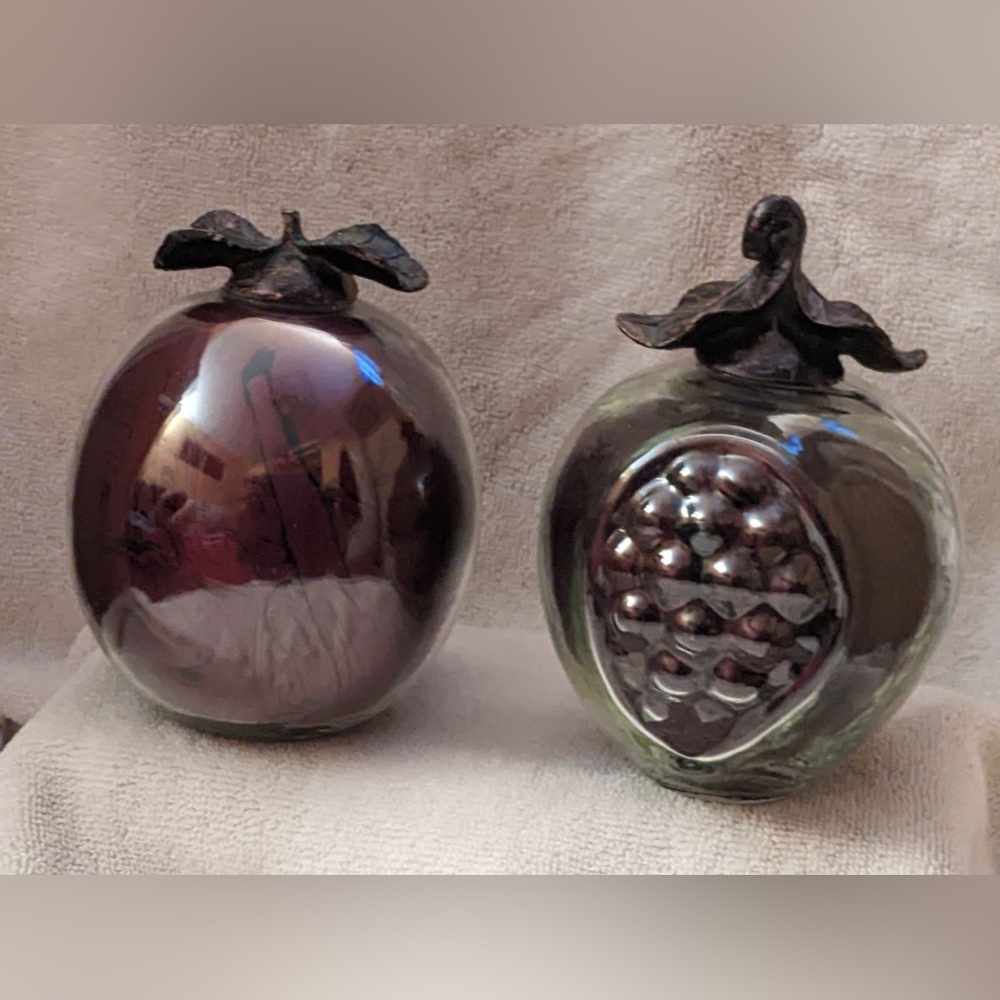Glass Fruit Art Apple Berry Leaf  Paperweight W/brass Stems Set Of 2